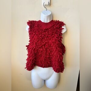 Vintage Crimson Shag Knit Sweater Vest, Textured Statement Piece, Size M